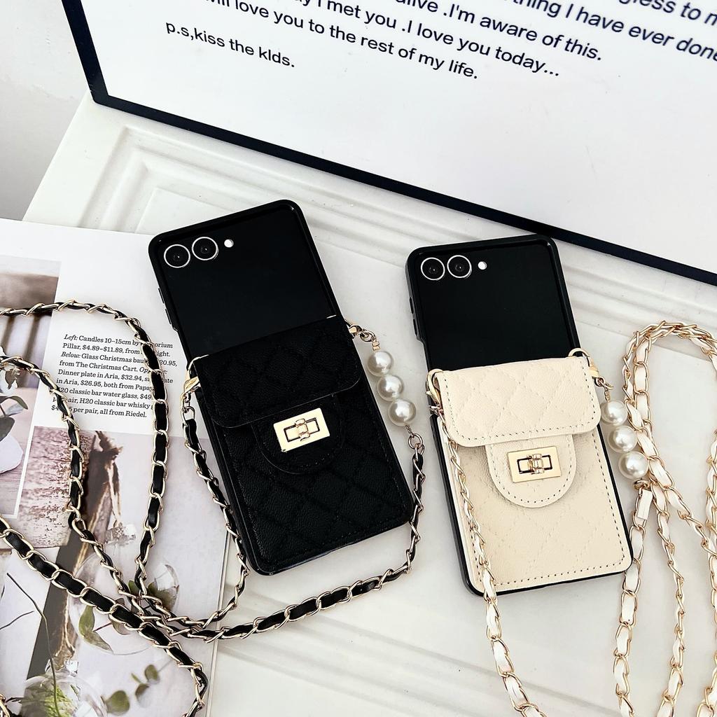 Fragrant Pearl Crossbody For Women Luxurious Card Holder Wallet Phone Case for Samsung Galaxy Z Flip 7 6 5 4 3 Shockproof Cover