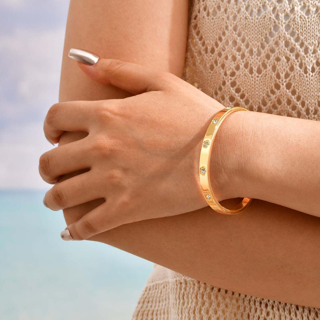 Luxury Flower Bowknot Star Zircon Bracelet for Women,High Quality Stainless Steel Openable Bangle,Gold Plated Waterproof Jewelry