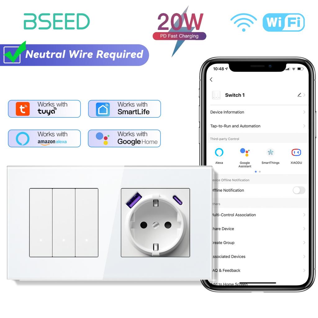 BSEED Wifi Wall Smart Switches 1/2/3/4Gang Mechanical Click Buttons Tuya Smart Life App With EU Power Sockets USB Glass Frames