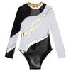 Girls Skating Leotard Long Sleeve Round Neckline Patchwork Bronzing Cloth Hollow Back Shiny Rhinestone