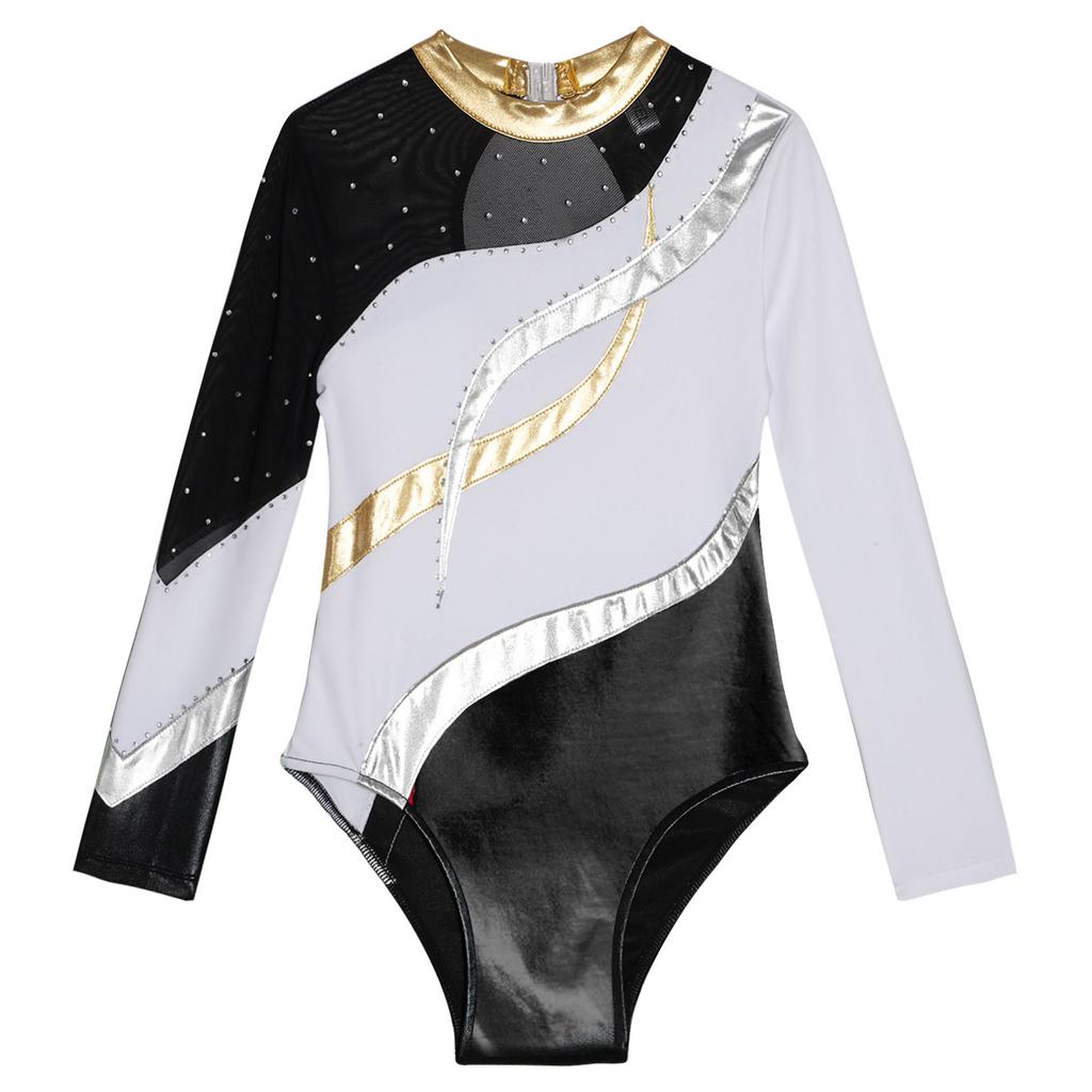 Girls Skating Leotard Long Sleeve Round Neckline Patchwork Bronzing Cloth Hollow Back Shiny Rhinestone