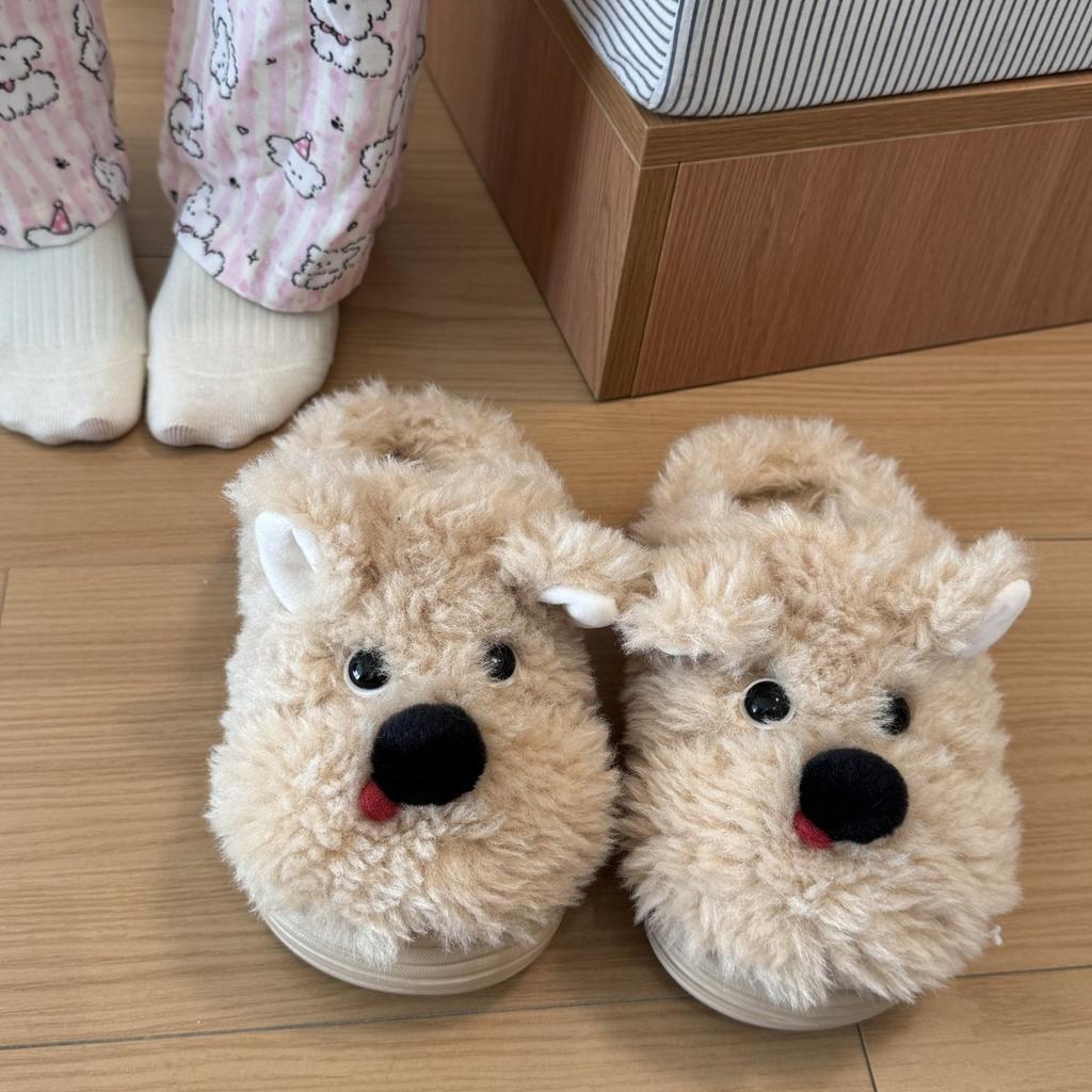 Fashion Indoor Fluffy Slippers For Women Men Winter Warm Shoes Cute Cartoon Dog Soft Plush Anti-slip Couples Home Floor Cotton Slides