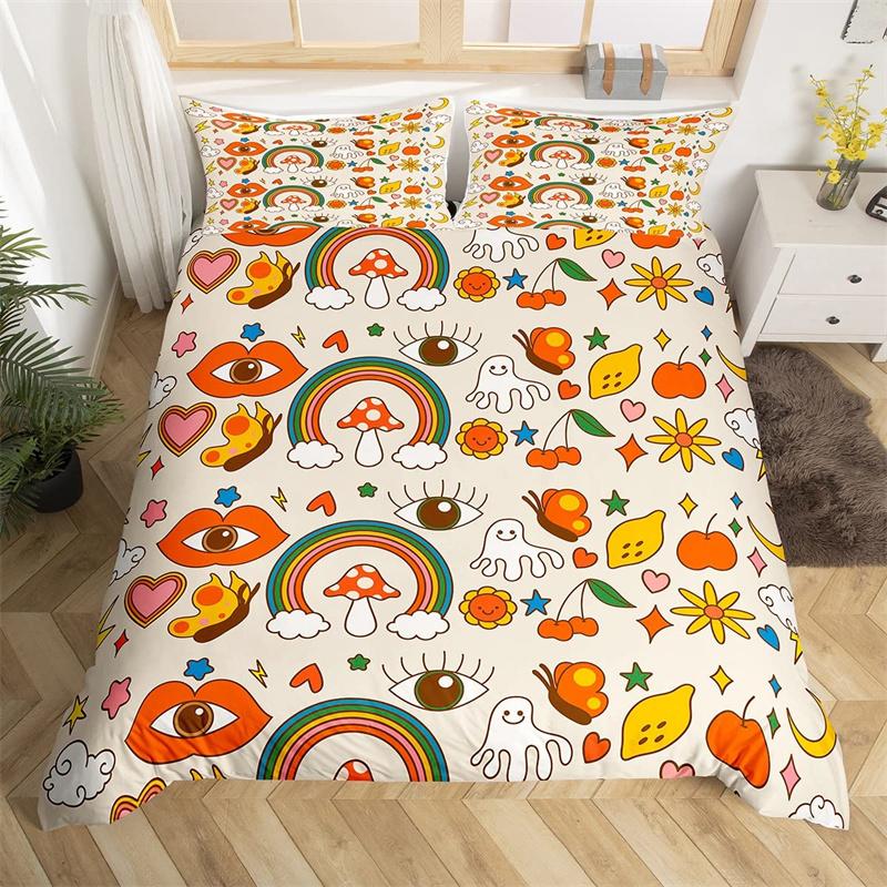 Retro Hippie Flower Duvet Cover Rainbow Floral Bedding Set Polyester Cartoon Ghost Comforter Cover Set 60S 70S Groovy Bedclothes