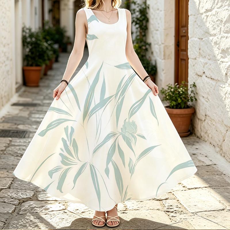 Loose Fit Vacation Maxi Dress,Minimalist Light Tone Leaves And Bloom Art Print Sleeveless Sundress