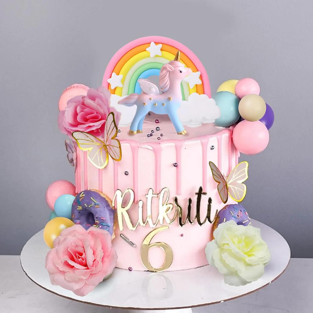 48 PCS Unicorn Cake Topper Unicorn Rainbow Cake Decorations with Butterflies Balls Happy Birthday Cake Decorations for Party
