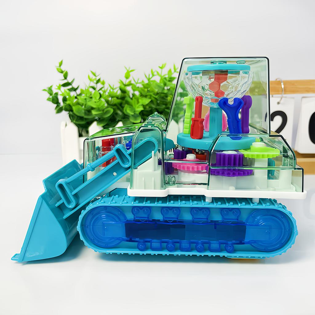 Transparent Push Bulldozer Toy Car, Toy with Light and Happy Music Functions, Automatic Shutter Function, Night Light Effect,Batteries Not Included
