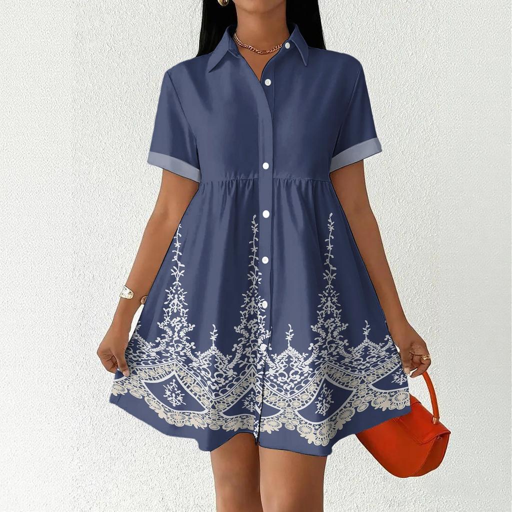 Casual Loose Fit Shirt Dress for Women Button Front Short Sleeve Collared Dress Lightweight Comfortable Summer Dress