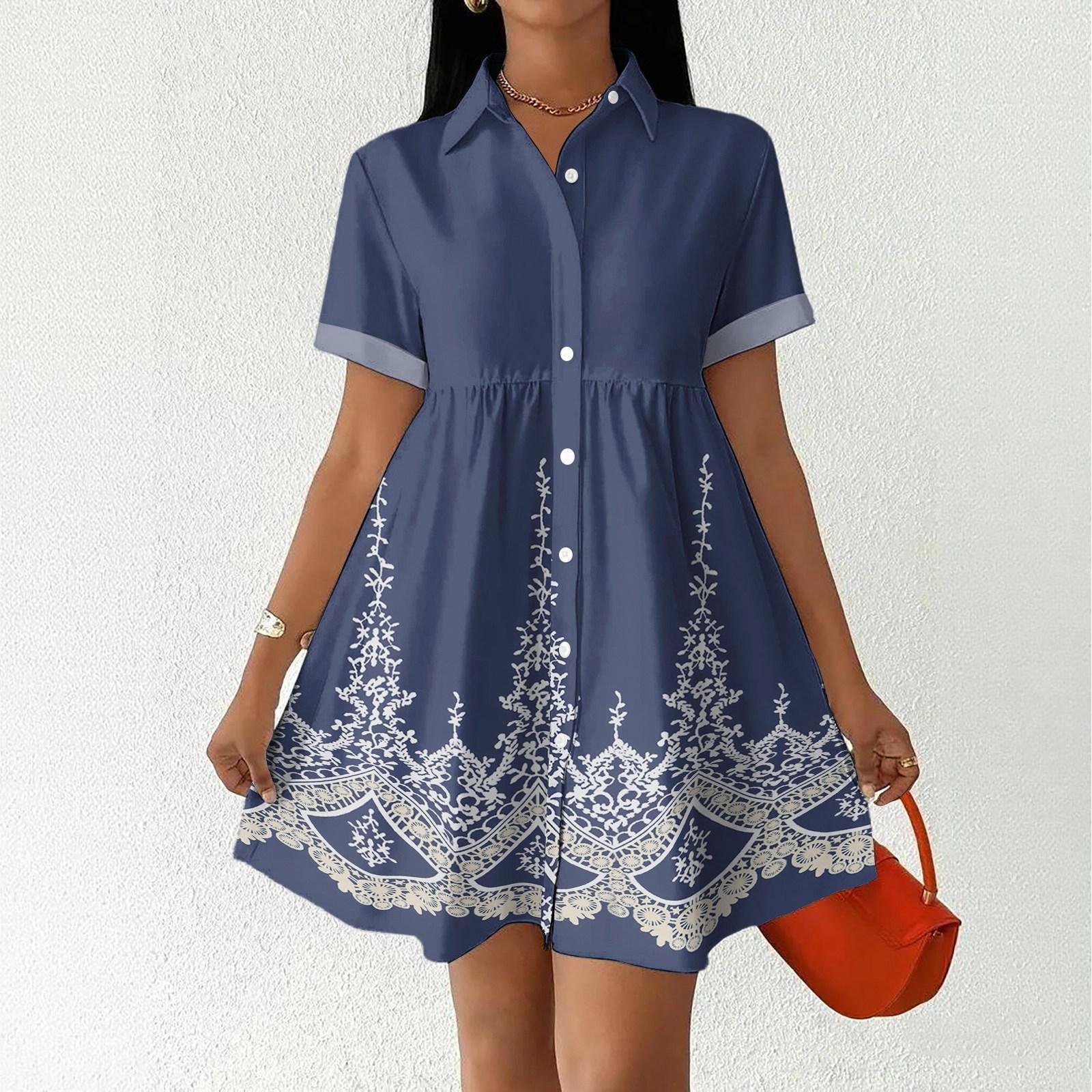 

Casual Loose Fit Shirt Dress for Women Button Front Short Sleeve Collared Dress Lightweight Comfortable Summer Dress M тёмно-синий