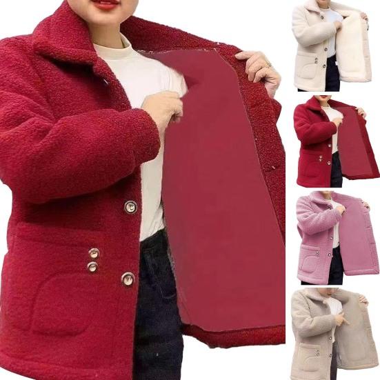 Women Autumn Winter Solid Color Jacket Coat Lapel Long Sleeve Thickened Imitation Lamb Wool Cardigan Single Breasted Outwear Streetwear
