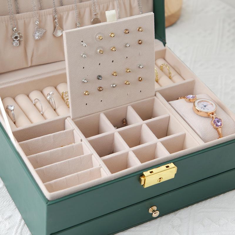 Double-Layer Leather Jewelry Box with Lock for Earrings and Handcrafted Accessories