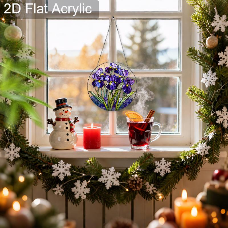 Acrylic Purple Iris Flowers Suncatcher, Stained Glass Effect Window Hanging Ornament for Garden & Flower Lover Gifts