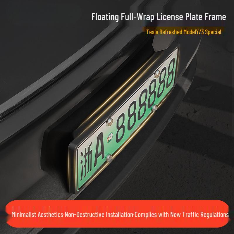 Compatible with Tesla Model Y/3 (2025 Refresh) Floating Full-Wrap License Plate Frame Holder.