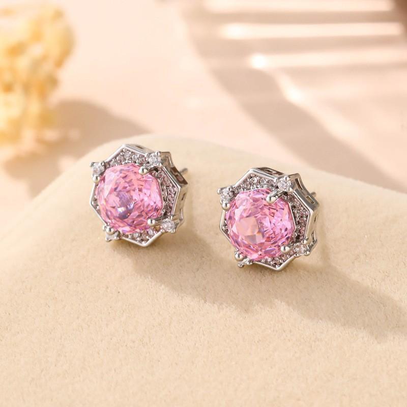 2026 New Fashion Crystal Flower Earrings Pink White Purple Stud Earrings Geometric Silver Color Jewelry For Women Girl Gift