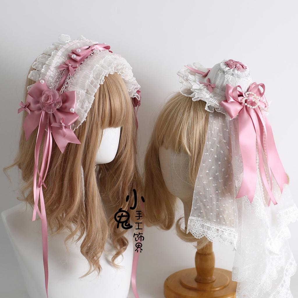 Flower Ball Necklace Headband Lolita Bow Hair Accessories KC Pink and White Lolita Original Hair Clip