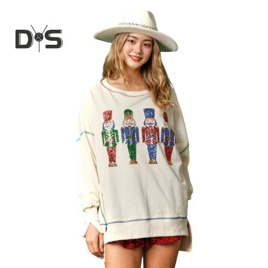 

Женская толстовка с пайетками, рисунком из мультфильмов, разрезом, круглым вырезом и длинными рукавами, в рождественском стиле, для вечеринки на Новый год S бежевый