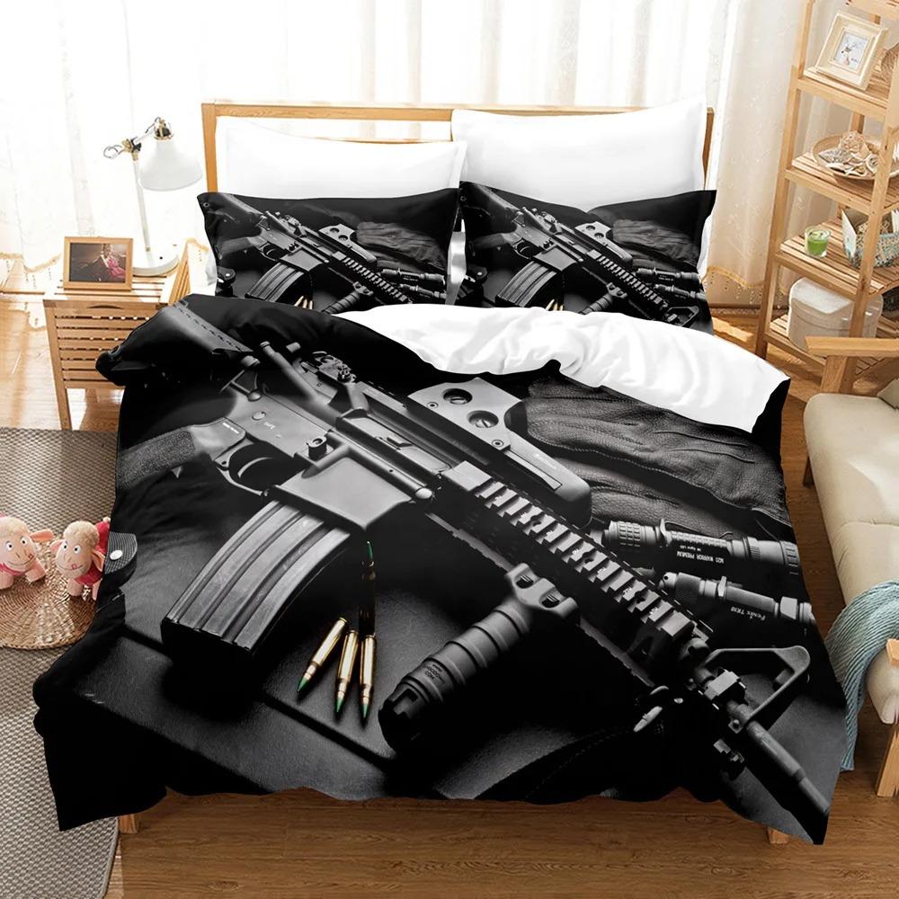 Single/Twin/Full/Queen/King Size 3D - Printed Gaming AK - 47 And PUBG Bullet - Themed Bedding Set For Adult And Kid Bedrooms