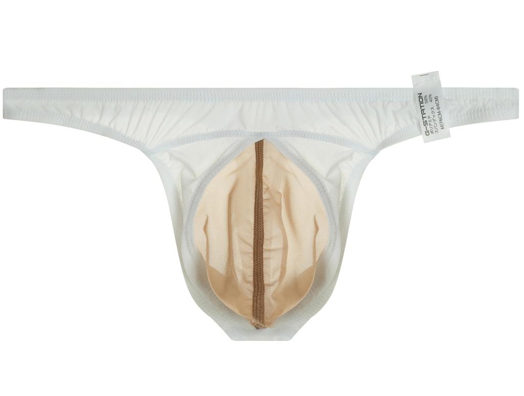 Front Silk Skin 3D Convex G-Station Men's T-Back, White, Appeal, Two-Tone, Stretch, Stitching, Front, See-Through