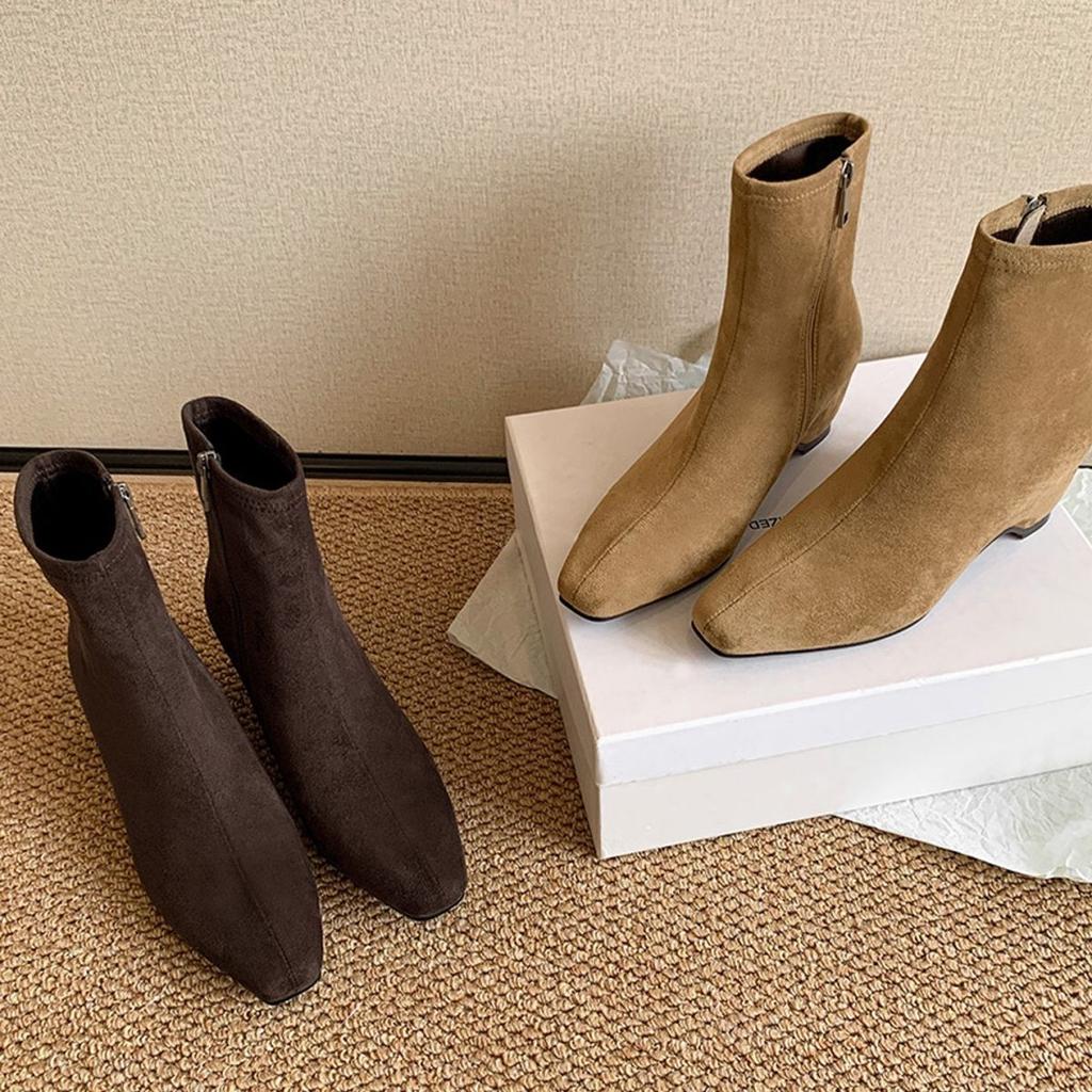 Invisible heightening short bare boots 2025 autumn and winter new retro temperament versatile square head rear zipper thin elastic boots