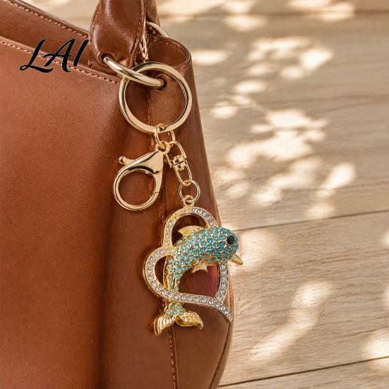 Sparkling Key Chain Rhinestone Love Heart Dolphin Keychain Ring for Women Bag Decoration Keychain Decorative Car Keys Handbags Backpacks Purses