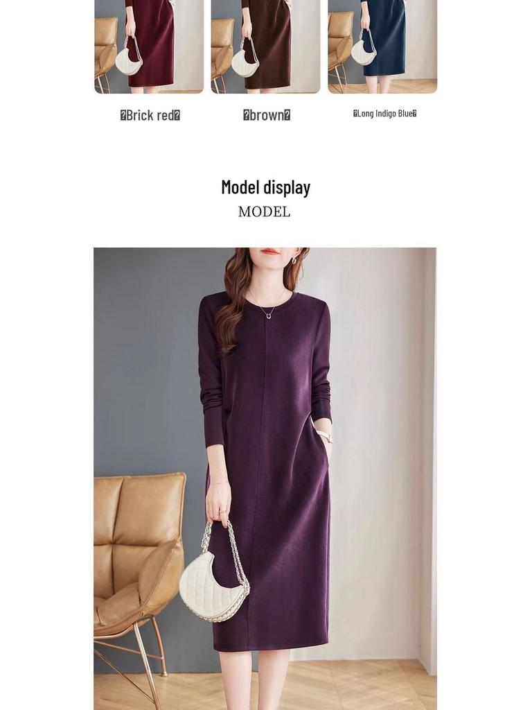 Elegant Plus-Size Purple Long-Sleeved Dress: Loose Slimming Straight Mid-Length for Spring & Autumn