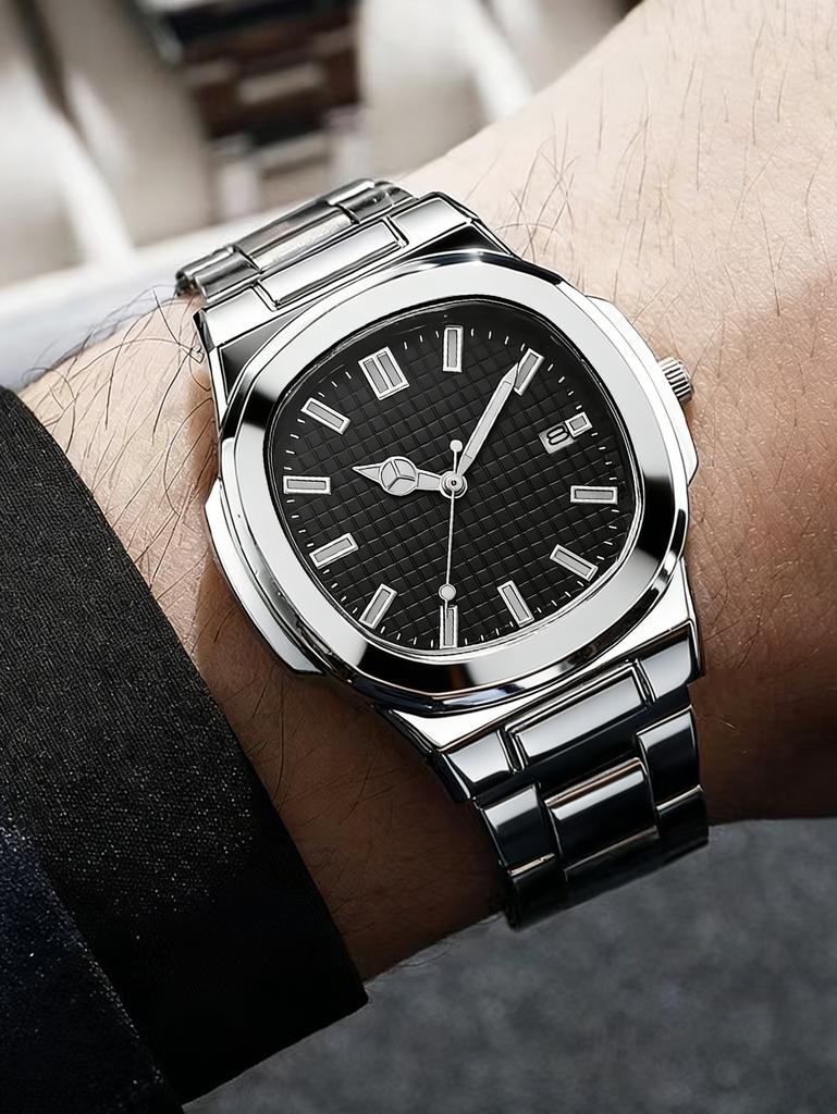 Fashionable Business-Style Quartz Watch Men's Wristwatch with Calendar and Scale Stainless Steel Strap Birthday Gift Timing Function