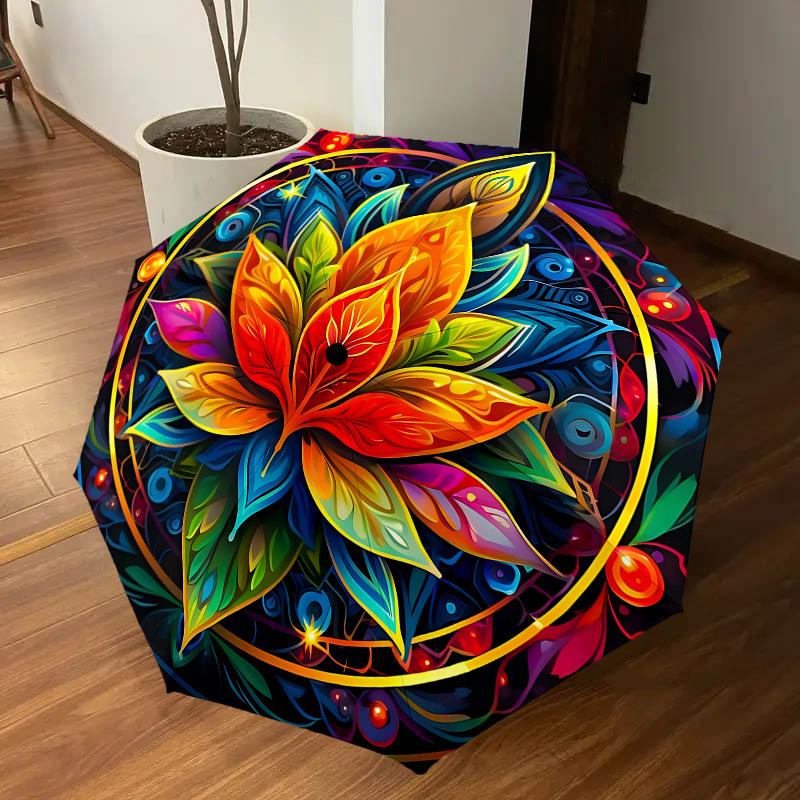 1PC Lotus Mandala Umbrella-8-Rib Reinforced, Automatic Open, Lightweight & Durable, Cute Fashion Accessory for Outdoor, Beach, or Casual Use, Beach Um