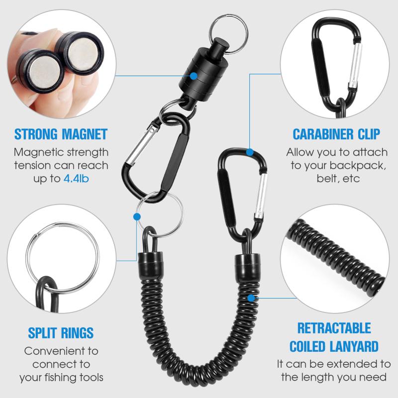 Magnetic Net Release Holder With Coiled Lanyard Fly Fishing Tools Strong Magnet Carabine Fast Buckle Anti-Drop Rope Accessories
