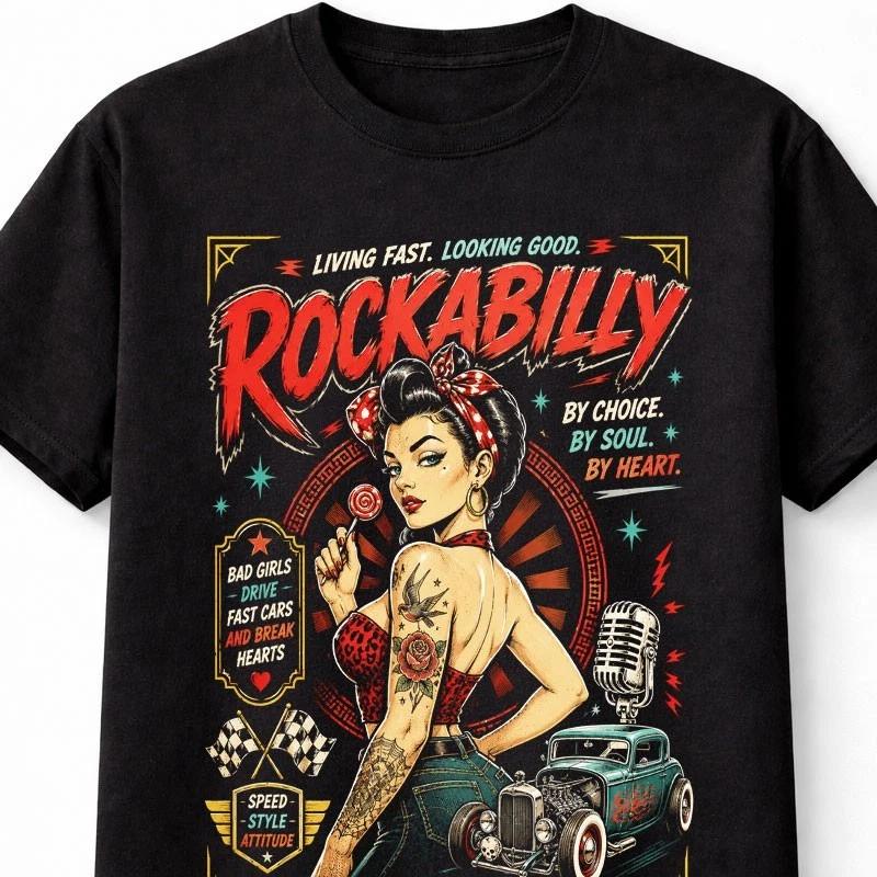 Rockabilly Pin Up Hot Rod Retro Rock N Roll Graphic Unisex TShirt S