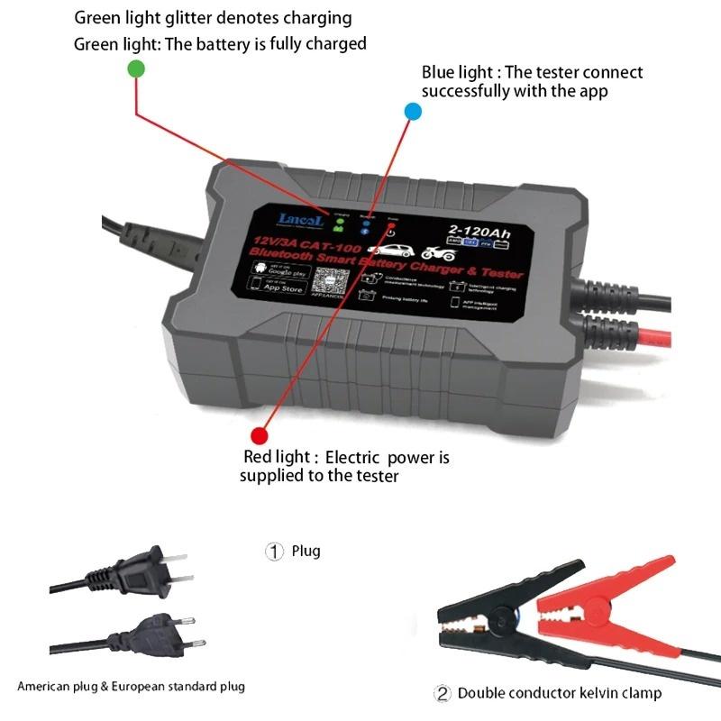 Lancol CAT100 12V 3A Fully Automatic Bluetooth Smart Battery Charger and Tester Maintainer 2 In 1 8 Stages Battery Charger