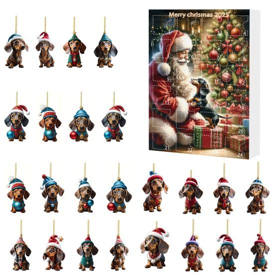 Vánoční adventní kalendář Jezevčík 2025 Odpočítávání 24 dní do Vánoc Dekorace Sběratelská 2D akrylová závěsná sada s přívěsky psa na domácí dekoraci