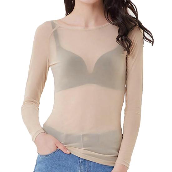 Women Tops Round Neck Long Sleeve Slim Fit Sheer Mesh Design Bottom Tops Sexy Casual Bottom Tops Vacations Parties Daily Wear