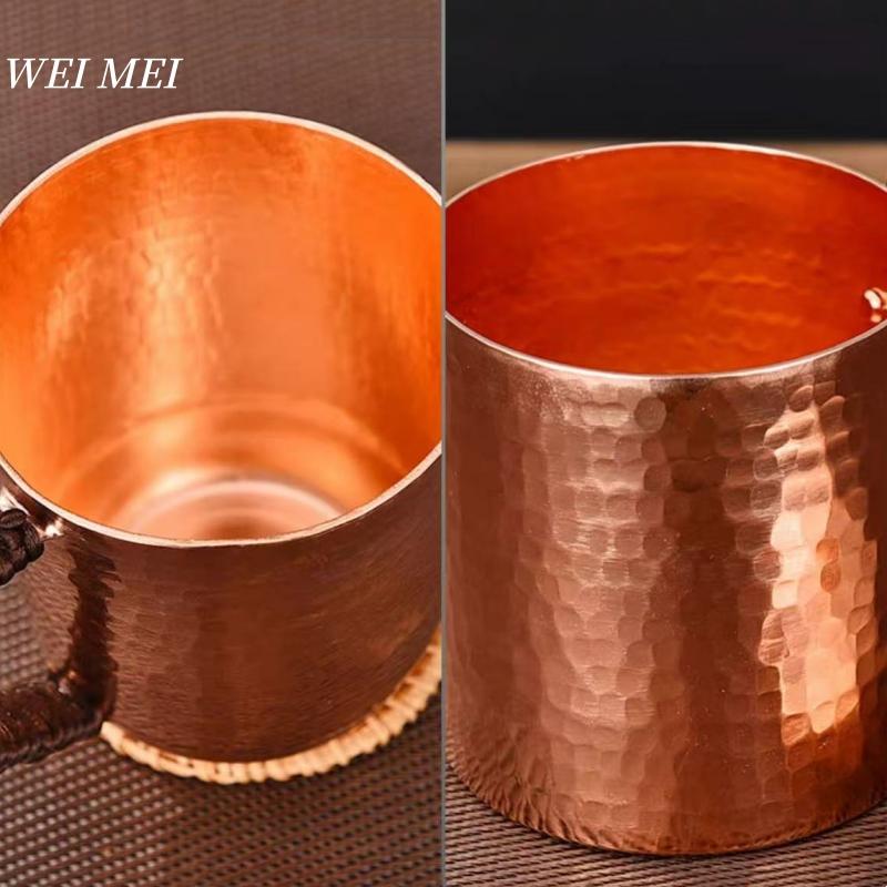 Handcrafted Vintage Pure Copper Coffee Cup,With Lid Juice Breakfast Mug,Woven Handle Hammer Texture Home 550Ml Tea Cup Tableware