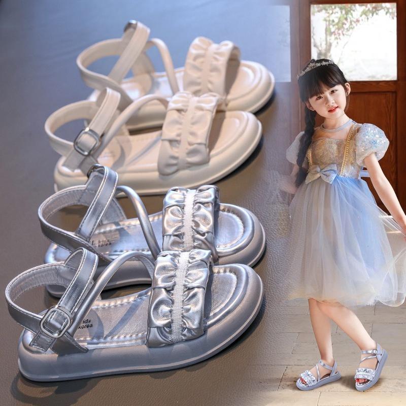 Summer Girls Sandals Silver Soft-Sole Princess Shoes Breathable Beach Footwear for Little Girls Older Kids