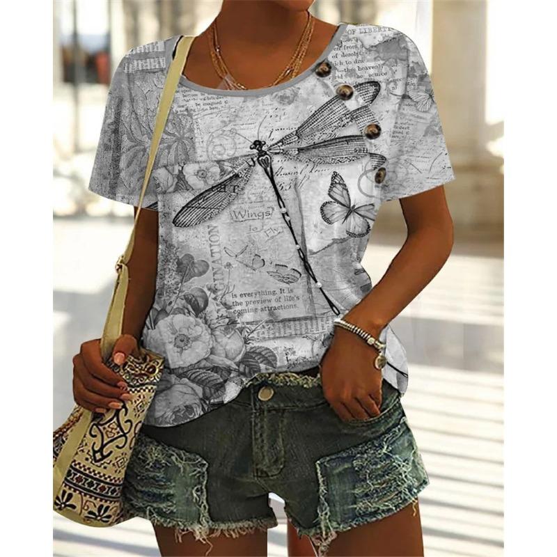 

Летний топ с круглым вырезом и принтом 3D бабочки и стрекозы, модные повседневные женские футболки с короткими рукавами XS