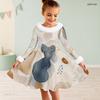 Girls High Neck Long Sleeve Printed Dress Furry Trim Bow A Line Flared Hem