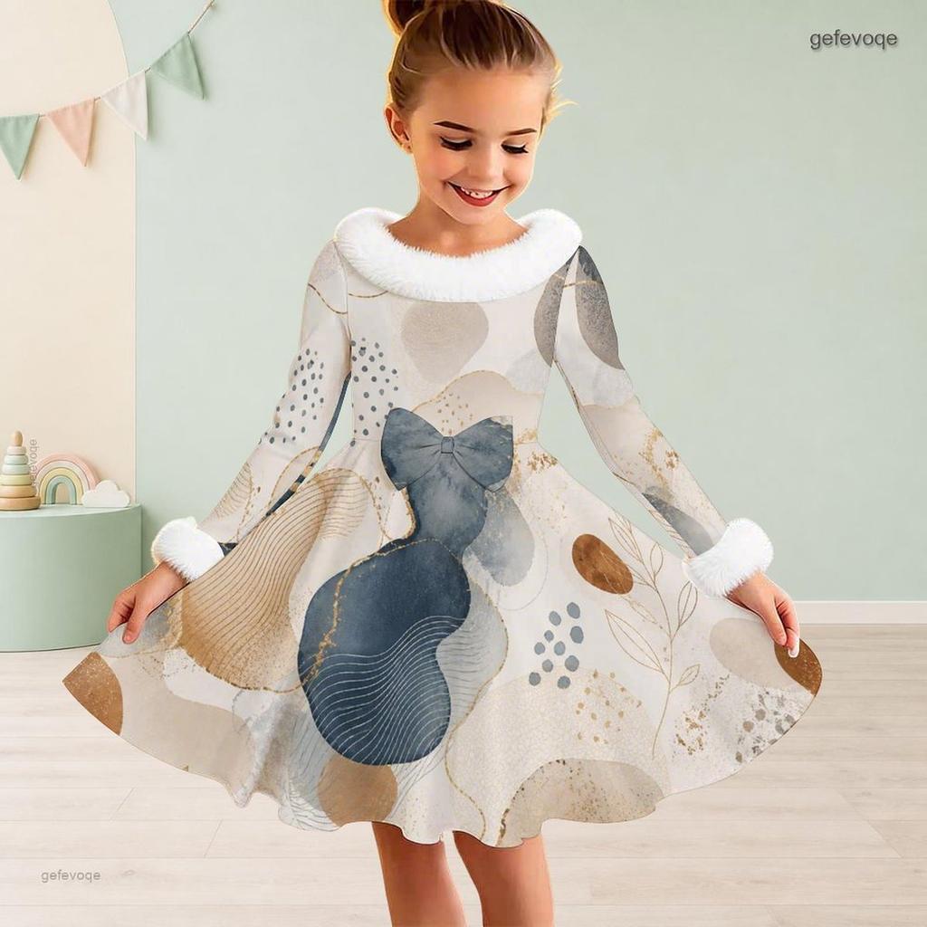 Girls High Neck Long Sleeve Printed Dress Furry Trim Bow A Line Flared Hem