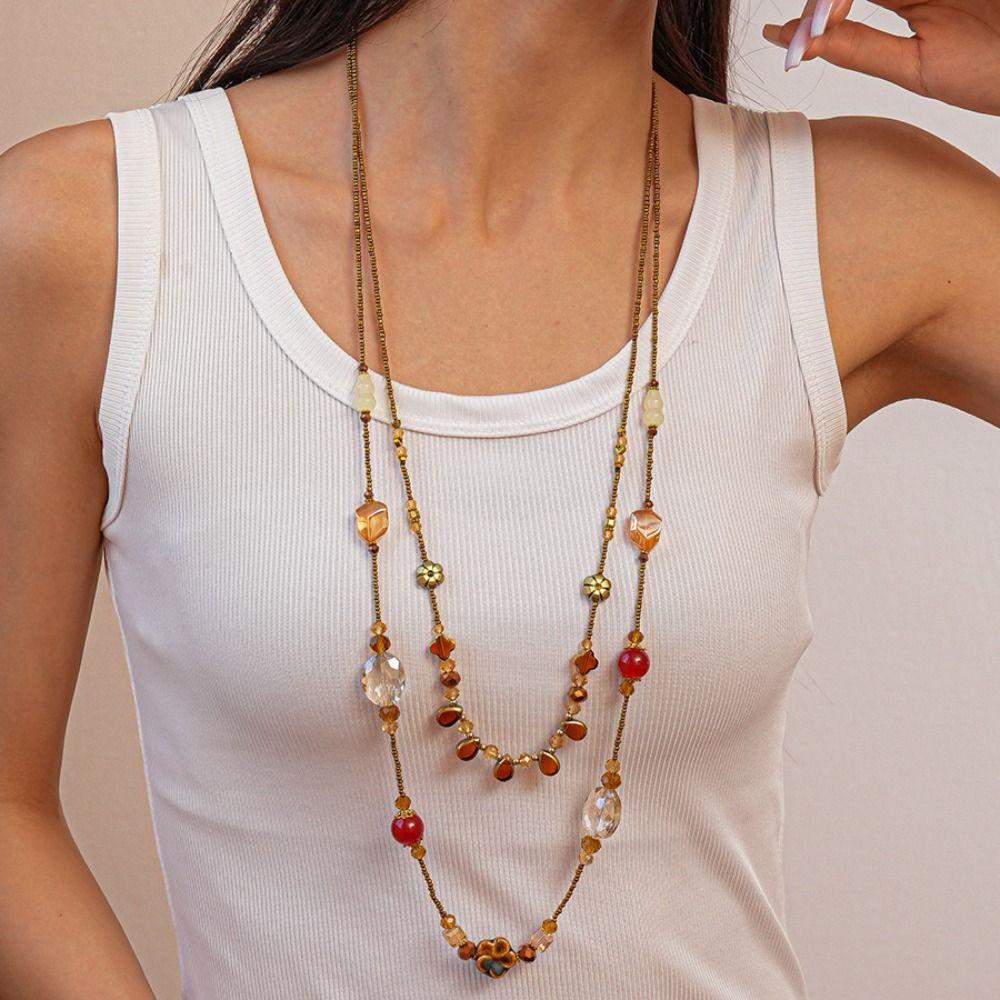 Geometric Beaded Ceramic Flower Boho Chain Long Necklace Hot Retro Necklace Women