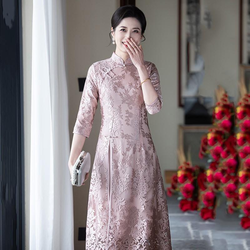 Elegant Vintage Cheongsam Dress Mother Of Bride Wedding Guest Outfit Red Pink Floral Lace Midi