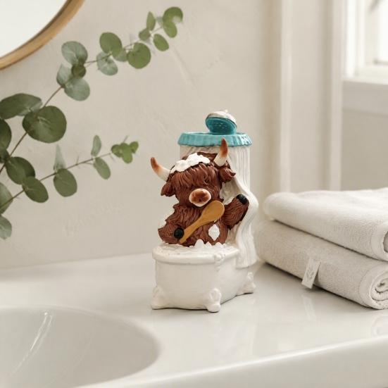 Resin Animal Statue Highland Cow Bathroom Figurine, Scottish Calf Bathing Statue, Funny Unique Home Decor Farmhouse Ornament for Office Tiered