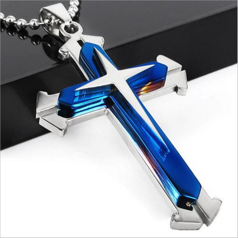 Trendy Men's Multi-Color 3-Layer Cross Necklace with Dog Tag Pendant
