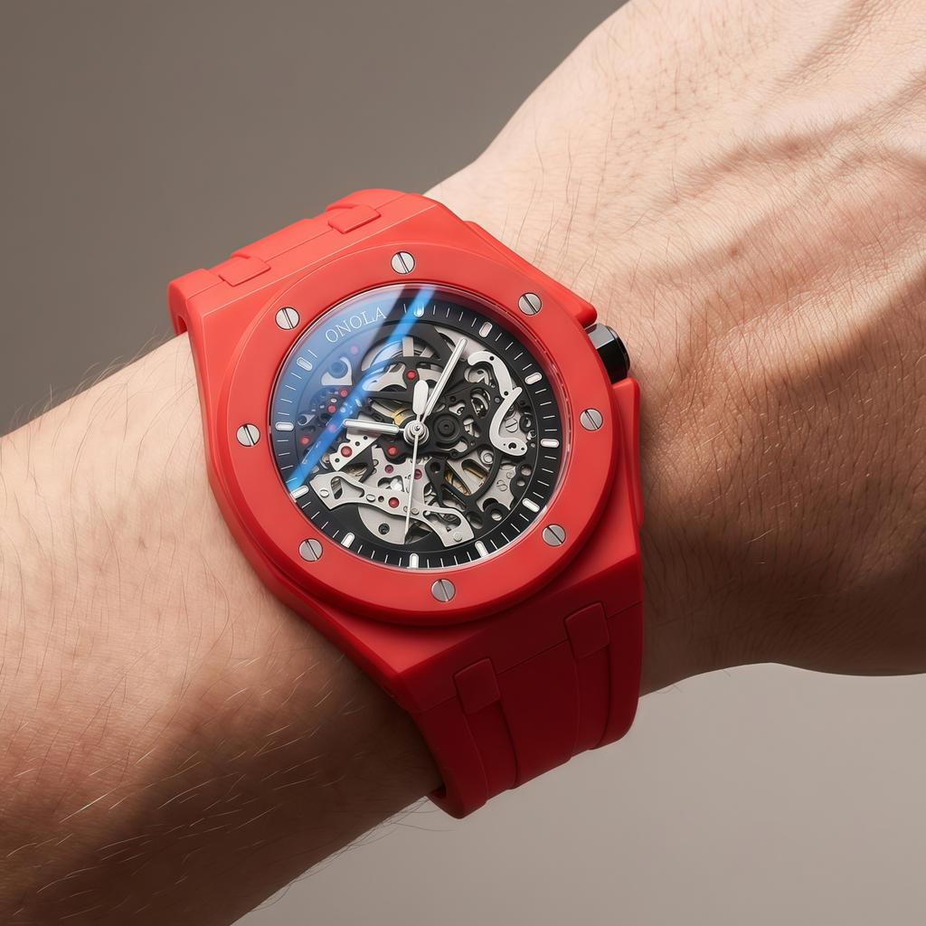 New Hollow Out Fully Automatic Movement Mechanical Watch for Men ONOLA Fashion Multi-color Silicone Tape Waterproof Watch Reloj