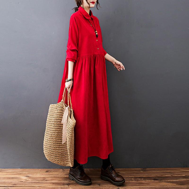 Corduroy Long Sleeve Wrap Dress Women Oversized Relaxed Fit A-Line Skirt Plus Size