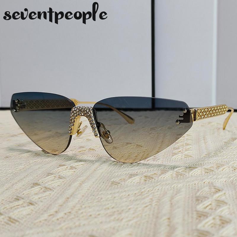 Rimless Rhinestones Punk Sunglasses Women Luxury Brand Design Vintage Metal Small Frame Sun Glasses For Ladies Eyewear