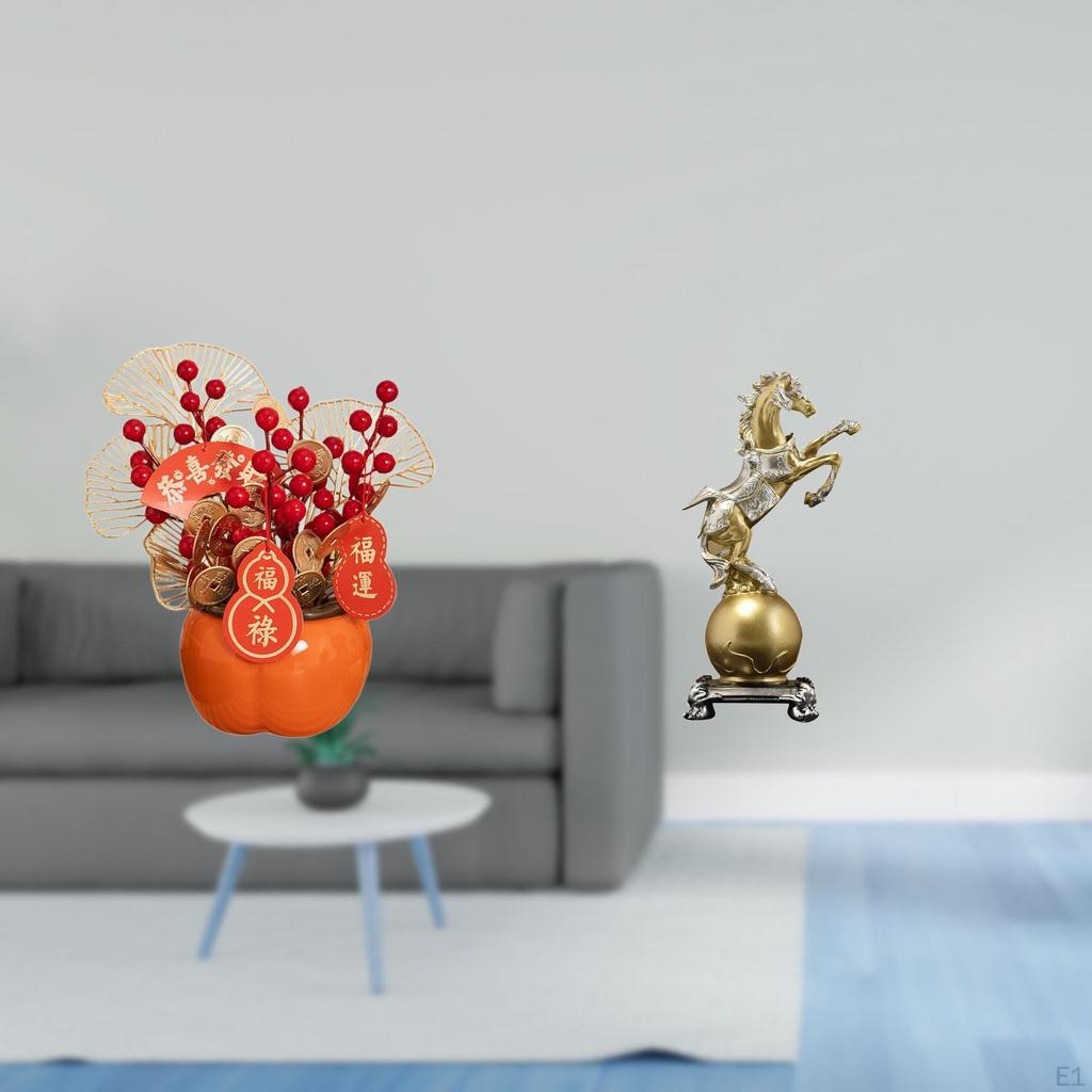 Year Artificial Flower Bonsai And Horse Figurine Resin Art Decorative Centerpiece for Desk Porch