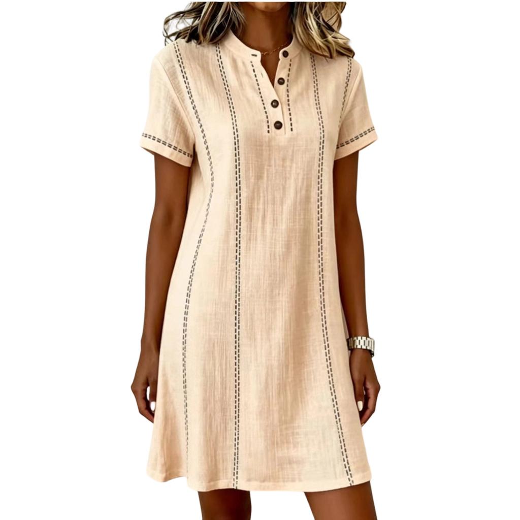 Women Casual V Neck Button Front Short Sleeve Dress Lightweight Summer Loose Fit Knee Length Dress for Daily Wear