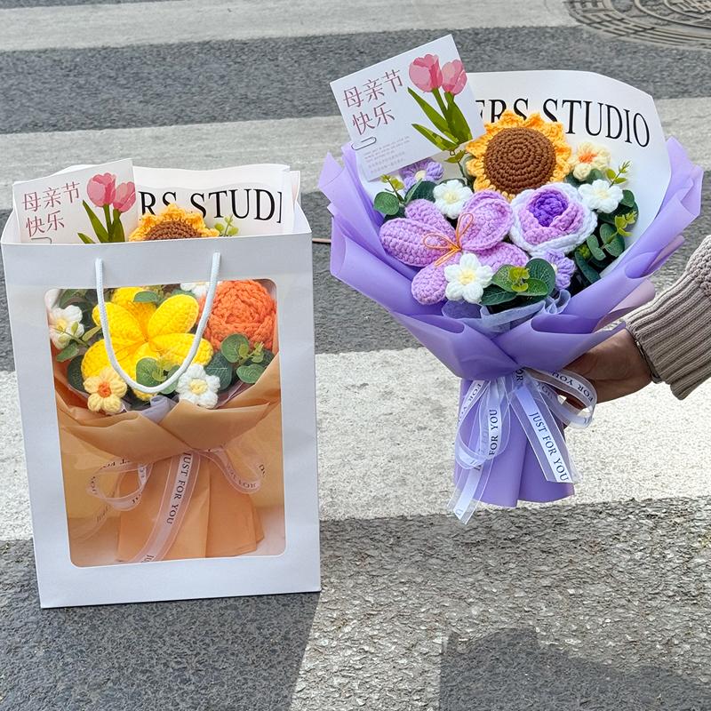Crocheted Artificial Flower Bouquets Hand-Woven Rose Sunflowers Tulip Flower Bouquets Finished Producted Valentine Lovers Gifts