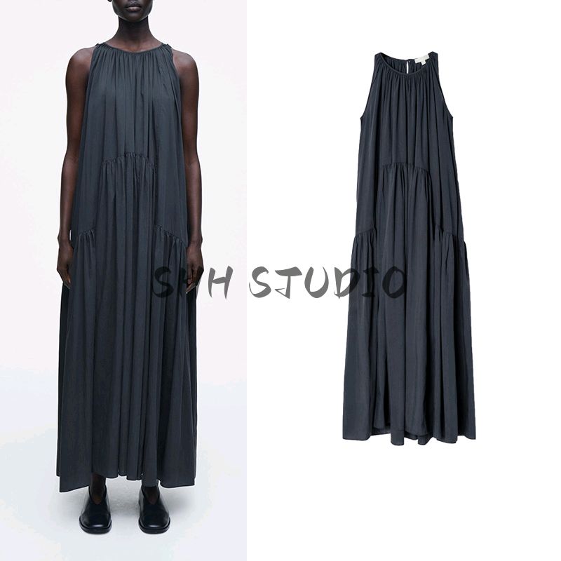 Spring New Women's Clothing Round Neck Sleeveless High Waist A- Line Casual Version Pleated Long Dress 1266203