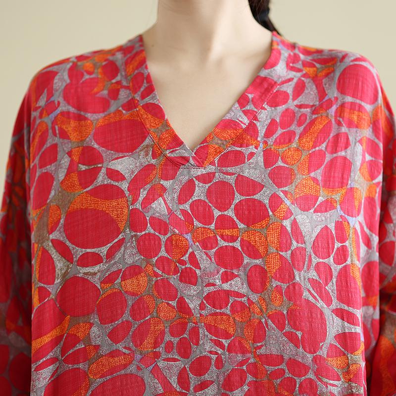 DIMANAF 2025 Women Plus Size Spring Long Dress Loose V-Neck Printing Vintage Casual Floral Oversize Long Sleeve 5034