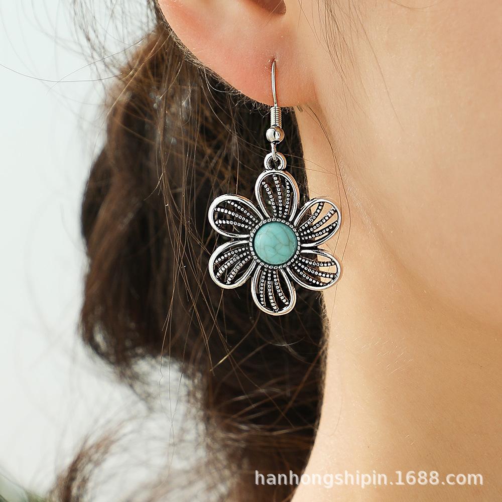 Vintage Earrings Silver Geometric Turquoise Drop Earrings Bohemian Dangle Jewelry for Women