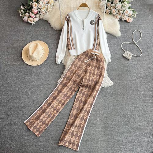 

Осенний винтажный брендовый дизайнерский принт с буквенным принтом, вязаный свитер, брюки, комплект из 2 предметов, женский спортивный костюм, пуловер, топ + брюки до щиколотки, наряды One Size